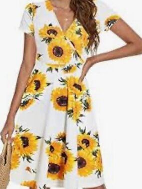 White Midi Dress with Yellow Sunflower Print